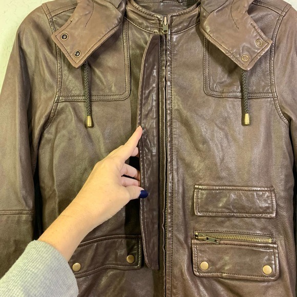 JOIE Brown Genuine Leather Hooded Bomber Jacket - Picture 9 of 11